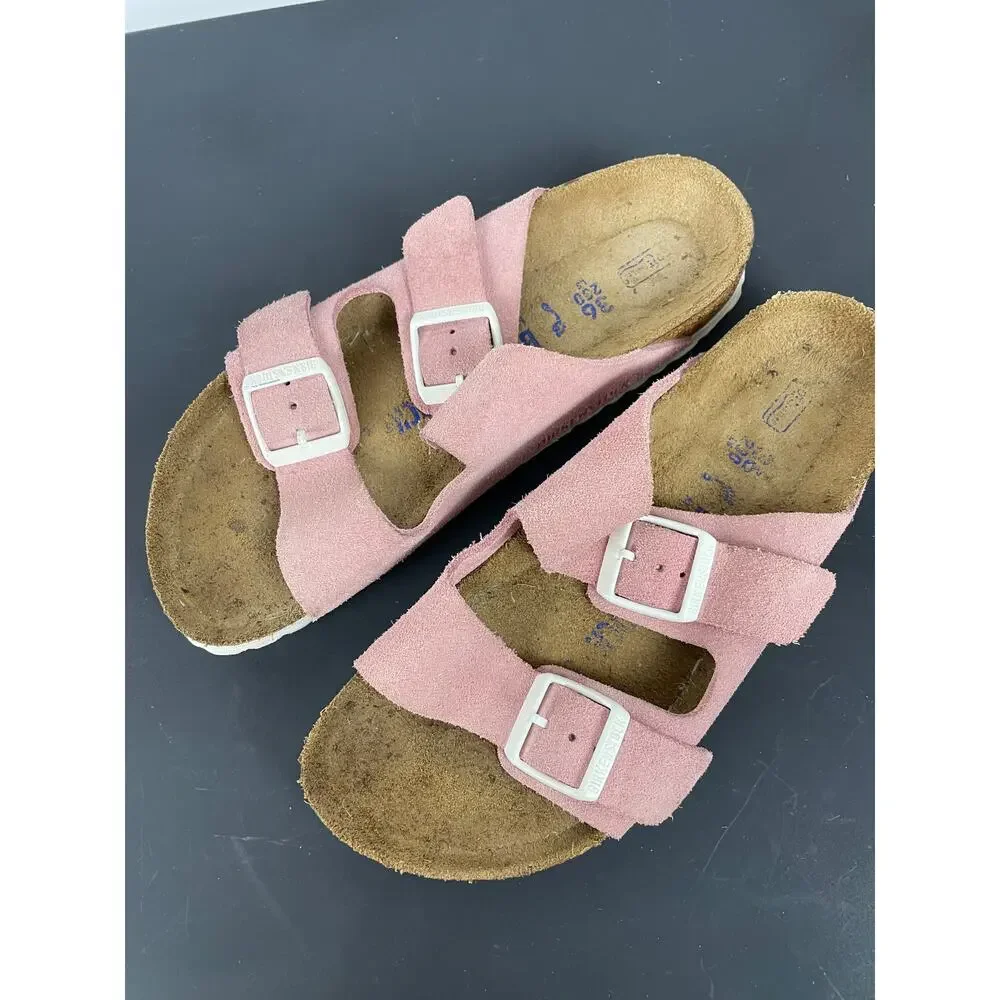 Birkenstock Arizona Pink Suede 2 Strap Sandals White Buckle EU 36 US 5-5.5 Reg